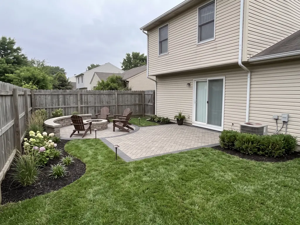 Option B concept: herringbone patio with a stone fire pit and seat wall